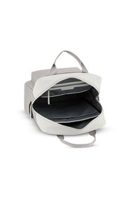 Zaino grigio e bianco con due scomparti principali, esterno liscio, due manici e tasche interne per l'organizzazione.