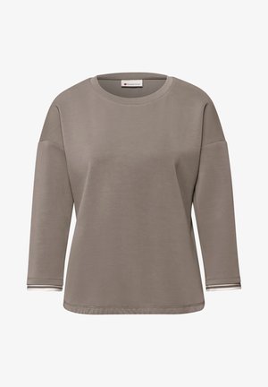Dlouhý rukáv taupe tričko s kulatým výstřihem, spadlými rameny a pruhovanými manžetami, vyrobené z hladké látky.