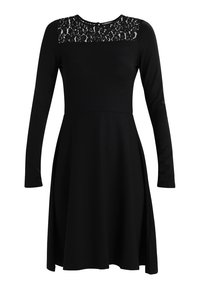 Abito nero con maniche lunghe, corpetto aderente, gonna ampia e un pannello di pizzo sulle spalle. Realizzato in un tessuto morbido ed elastico.