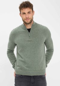 Hellgrüner Zip-Kragen-Pullover aus strukturiertem Strickstoff mit langen Ärmeln, gerippten Bündchen und Saum, kombiniert mit dunklen Jeans.
