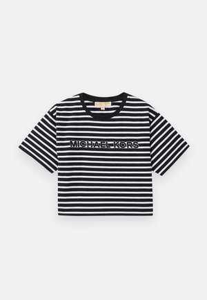 Korte ermestopp i svart og hvitt med striper, med "MICHAEL KORS"-logoen i kontrasterende broderi, rund halsåpning.