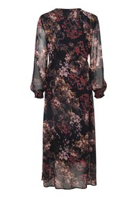 Floral maxi dress with long sheer sleeves, featuring a black background and multicolored flowers in shades of red, purple, and pink.