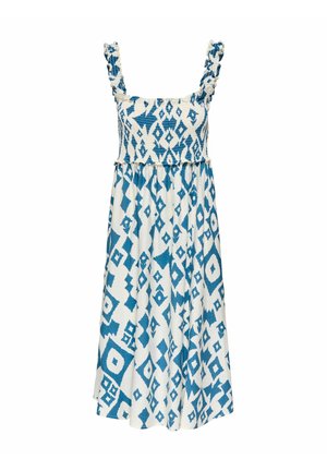 Robe d'été blanche avec motifs géométriques bleus en forme de losange, corsage smocké et bretelles à volants, longueur midi.