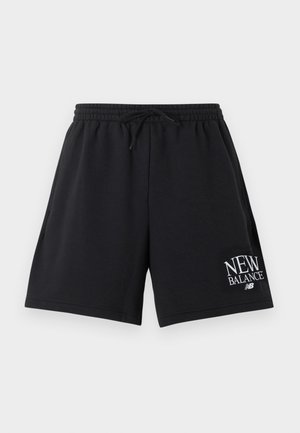 Crne sportske hlačice s elastičnim strukom i vezicom, s bijelim logotipom "New Balance" na donjem desnom bedrima.