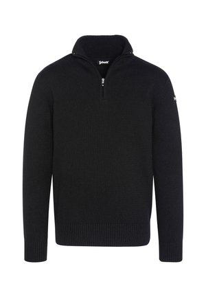 Schwarzer Strickpullover mit einem Reißverschluss am Stehkragen, gerippten Bündchen und Saum sowie Logodetail am linken Ärmel. Weiche Textur mit tailliertem Schnitt.