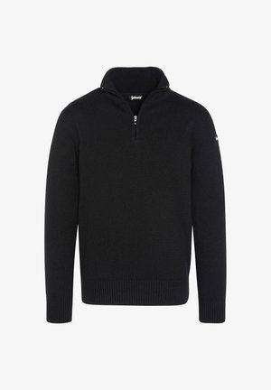 Schwarzer Strickpullover mit einem Reißverschluss am Stehkragen, gerippten Bündchen und Saum sowie Logodetail am linken Ärmel. Weiche Textur mit tailliertem Schnitt.