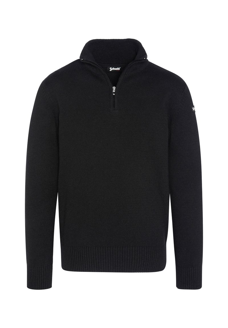 Schwarzer Strickpullover mit einem Reißverschluss am Stehkragen, gerippten Bündchen und Saum sowie Logodetail am linken Ärmel. Weiche Textur mit tailliertem Schnitt.