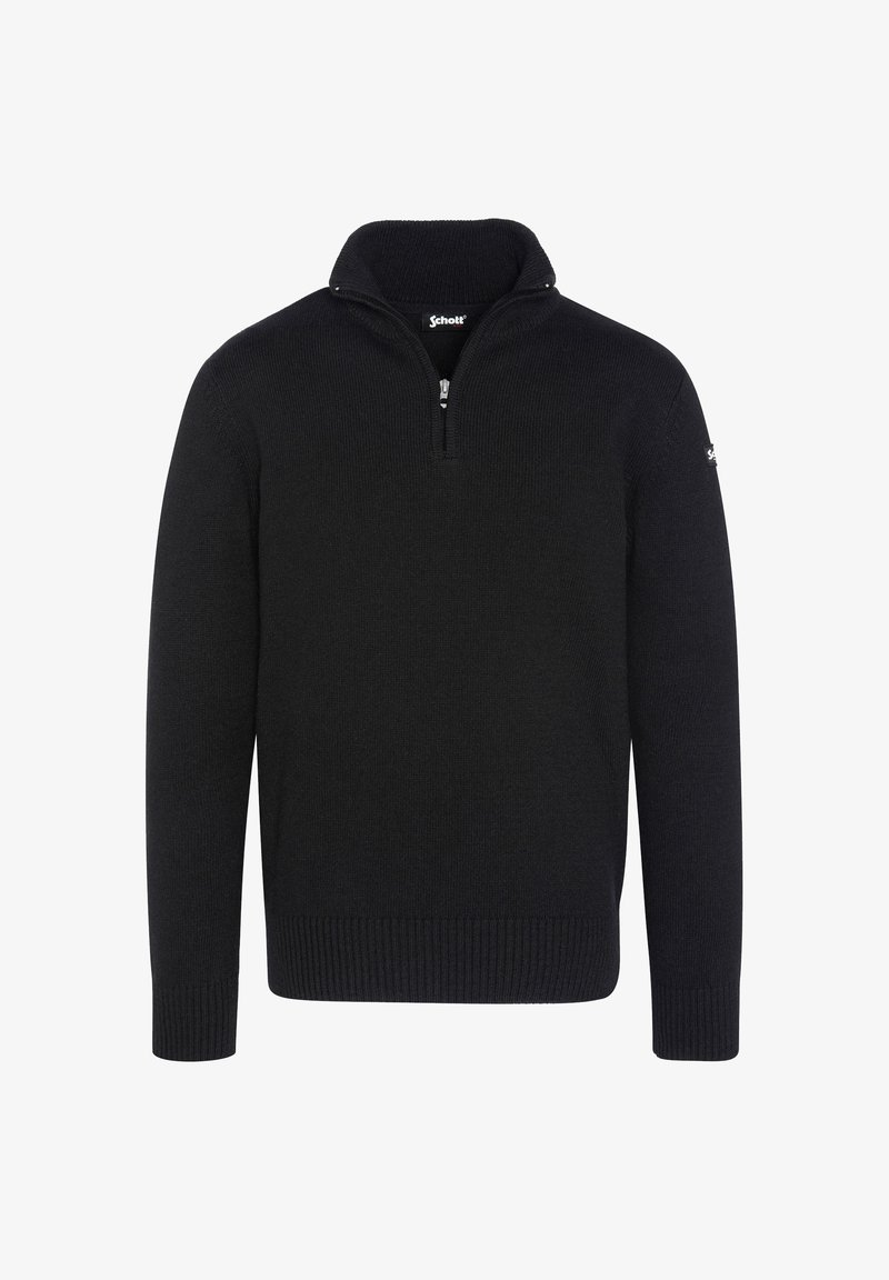 Zwarte gebreide trui met een ritssluiting en een opstaande kraag, geribbelde manchetten en zoom, en logo-detail op de linkermouw. Zachte textuur met een aangesloten ontwerp.