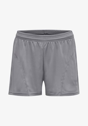 Pantalones cortos deportivos grises con cinturilla elástica y paneles laterales sutiles, con un pequeño logo en la pierna derecha inferior.