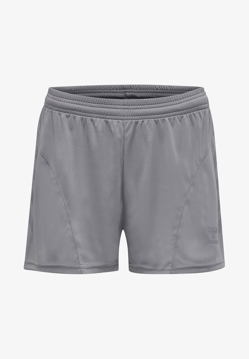 Shorts de sport gris avec taille élastique et panneau latéral subtil, avec un petit logo sur la jambe inférieure droite.