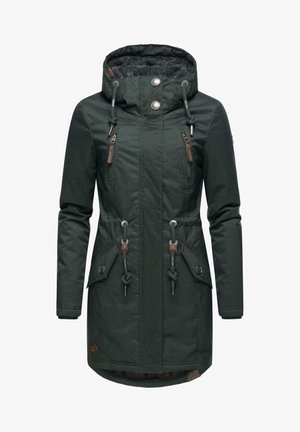 Giacca isolante verde scuro con cappuccio, coulisse regolabili, tasche con zip e una fodera interna testurizzata. Gli accessori in metallo migliorano il design.