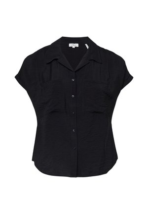 Chemise noire à manches courtes avec boutonnière, col classique, deux poches avant et une texture froissée. Présente un design à coupe décontractée.