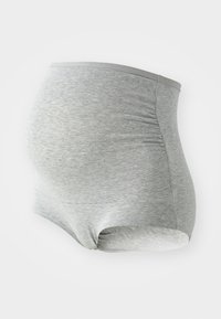 Graue Umstandsshorts aus weichem, elastischem Stoff, mit einem hohen Bund und glatter Textur. Entworfen für Komfort und Unterstützung.