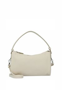 Sac à main en cuir beige avec une anse supérieure courbée et une bandoulière amovible ; il présente une texture lisse et une fermeture éclair.