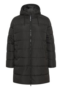 Svart puffjacka med huva, med dragkedja fram och dragsnöre. Den har en kviltad design och sidofickor. Slät, glänsande yta.