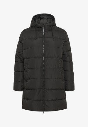 Crna puf jakna s kapuljačom, koja ima prednji zatvarač i šnalu. Ima kvadratni dizajn i bočne džepove. Glatka, sjajna tekstura.