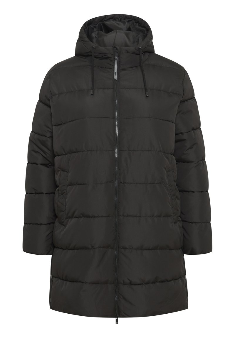 Svart puffjacka med huva, med dragkedja fram och dragsnöre. Den har en kviltad design och sidofickor. Slät, glänsande yta.