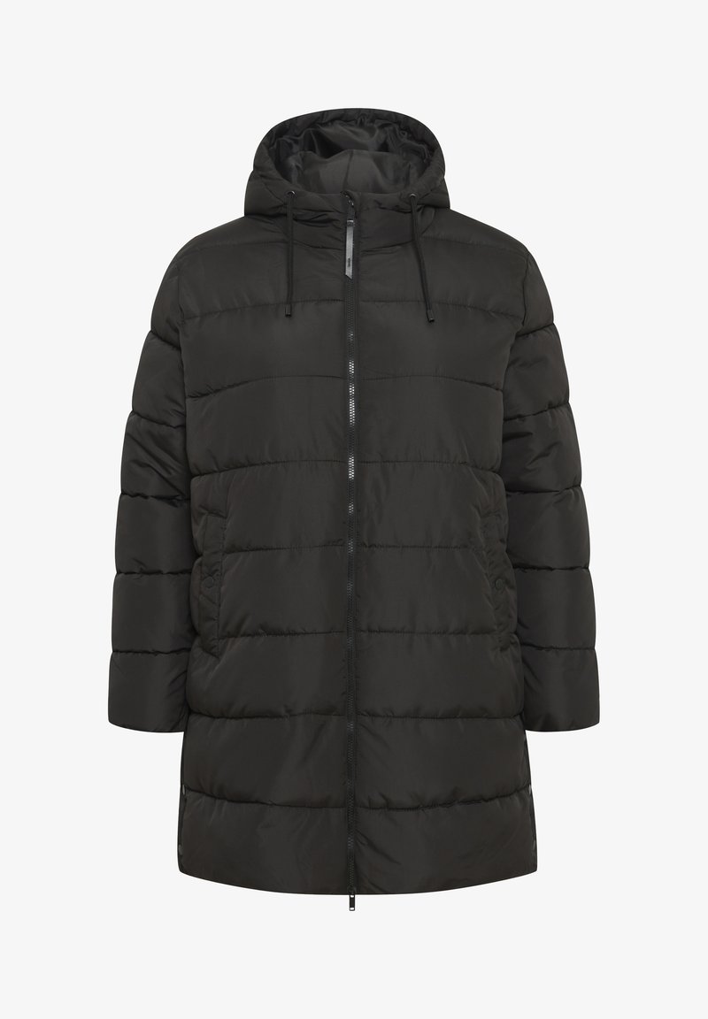 Schwarze Pufferjacke mit Kapuze, ausgestattet mit einem vorderen Reißverschluss und Kordelzug. Sie hat ein gesteppter Design und Seiten Taschen. Glatte, glänzende Textur.