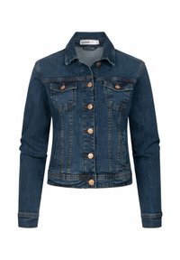 Veste en denim bleu foncé, avec un col, des boutons en cuivre, deux poches poitrine, et une coupe cropped avec des détails cousus.