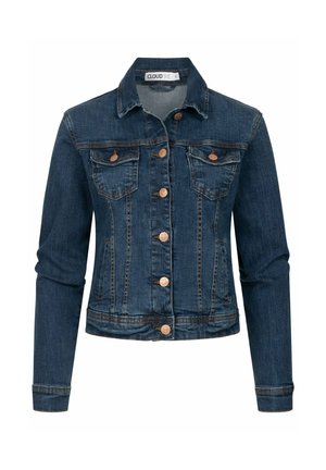 Veste en denim bleu foncé, avec un col, des boutons en cuivre, deux poches poitrine, et une coupe cropped avec des détails cousus.