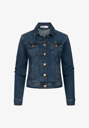 Giacca di jeans blu scuro, con colletto, bottoni in rame, due tasche sul petto e un taglio corto con dettagli cuciti.