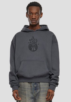 Gray hoodie with a front pocket, featuring an embroidered basketball design with flames. Made from soft material, relaxed fit.