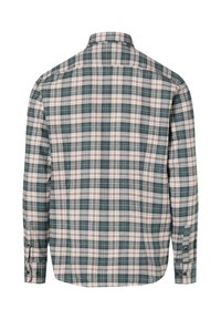Koszula w kratę z długim rękawem, z wzorem w kolorach zielonym, beżowym i białym, kołnierzykiem zapinanym na guziki oraz mankietami z guzikami.