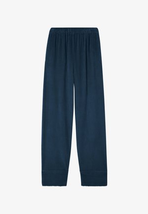 Tumesinised soonikkoes püksid elastse vöörihma ja sirgete säärtega, näidatud lameda kujuga valgel taustal.