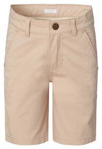 Shorts en coton beige avec fermeture à bouton, passants de ceinture et poches latérales, au design droit et avec des détails de surpiqûres sur l'ourlet.