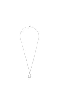 Silver chain necklace med en tårformad hänge som har ett cirkulärt mönster av små stenar, vilket erbjuder en elegant och detaljerad design.