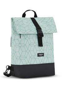 Green geometric patterned backpack with a black bottom, adjustable straps, top flap, and a single black buckle closure. Features a side pocket.
