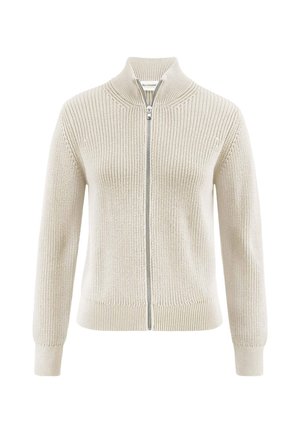 Beige gebreide trui met ritssluiting, geribde kraag, manchetten en zoom, frontaal weergegeven op een witte achtergrond.