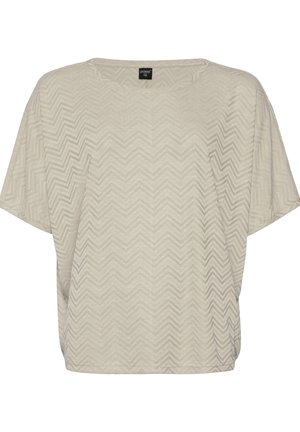 Maglietta leggera color beige chiaro con un motivo a zigzag, maniche corte, scollatura rotonda e una vestibilità comoda. Realizzata in un tessuto morbido e strutturato.