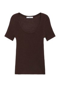 Top corto a maniche corte marrone a costine con scollo ampio. Il tessuto ha una consistenza morbida con righe verticali e un design aderente.