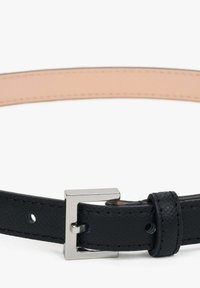 Black leather belt with a textured surface, featuring a silver rectangular buckle and a smooth pink underside. Holes for size adjustment included.