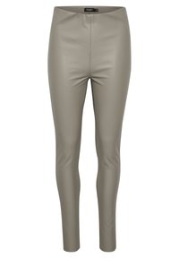 Tight-fitting, high-waisted pants made of smooth taupe faux leather, featuring a sleek design with no visible seams or hardware.