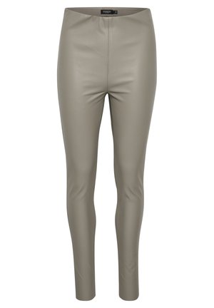 Tight-fitting, high-waisted pants made of smooth taupe faux leather, featuring a sleek design with no visible seams or hardware.