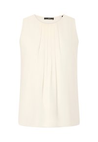 Blouse crème sans manches avec des plis verticaux à l'avant, encolure ronde et coupe droite au bas. Tissu lisse et léger.