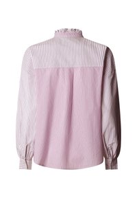 Bluza z dolgimi rokavi v svetlo roza barvi z belimi navpičnimi črtami. Ima nabran ovratnik, sproščen kroj in stisnjene manšete. Gladek bombažni material.