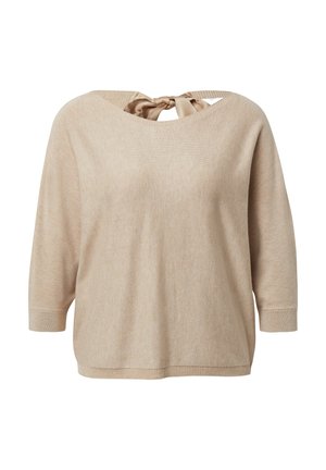 Beżowy sweter dzianinowy z szerokim dekoltem i detalem wiązania z tyłu. Posiada rękawy do połowy przedramienia i luźny krój. Miękka tekstura.
