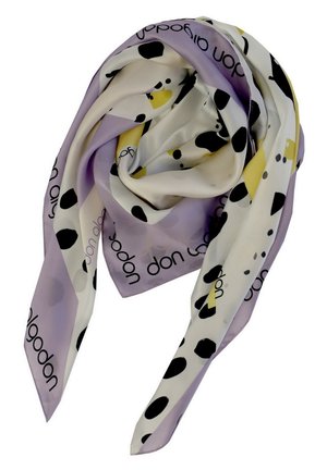 Pañuelo de seda en color lila y crema con puntos polka abstractos en negro y amarillo. Textura suave con un acabado liso. 72 x 72 cm.