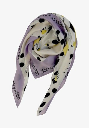 Pañuelo de seda en color lila y crema con puntos polka abstractos en negro y amarillo. Textura suave con un acabado liso. 72 x 72 cm.
