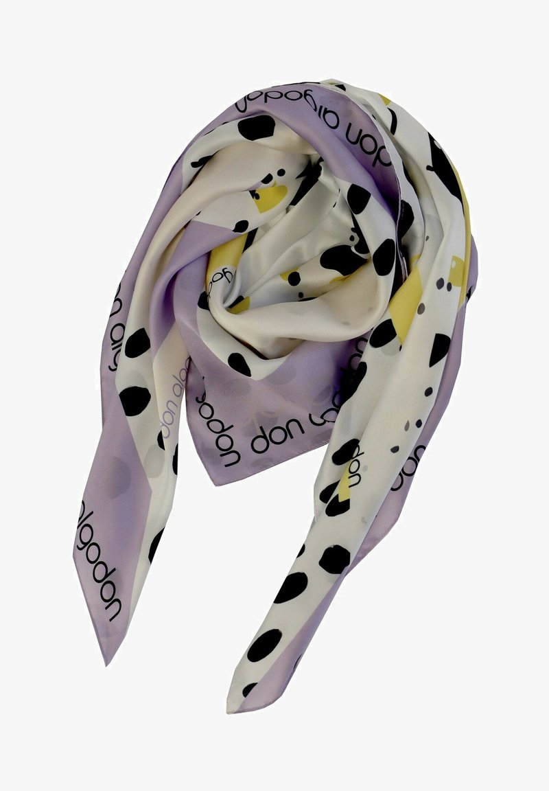 Pañuelo de seda en color lila y crema con puntos polka abstractos en negro y amarillo. Textura suave con un acabado liso. 72 x 72 cm.