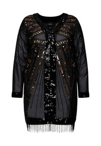 Cárdigan negro con lentejuelas, con escote en V, mangas largas y detalles de flecos en el dobladillo, que muestra intrincados patrones geométricos en dorado y negro.