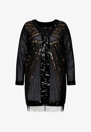 Cardigan nero con paillettes, scollo a V, maniche lunghe e dettagli frangiati sull'orlo, che presenta intricate fantasie geometriche in oro e nero.