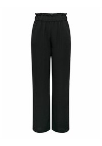 Pantalons noirs à jambes larges avec une finition texturée et une taille élastique froncée. Pas de poches, conçus pour un port décontracté.