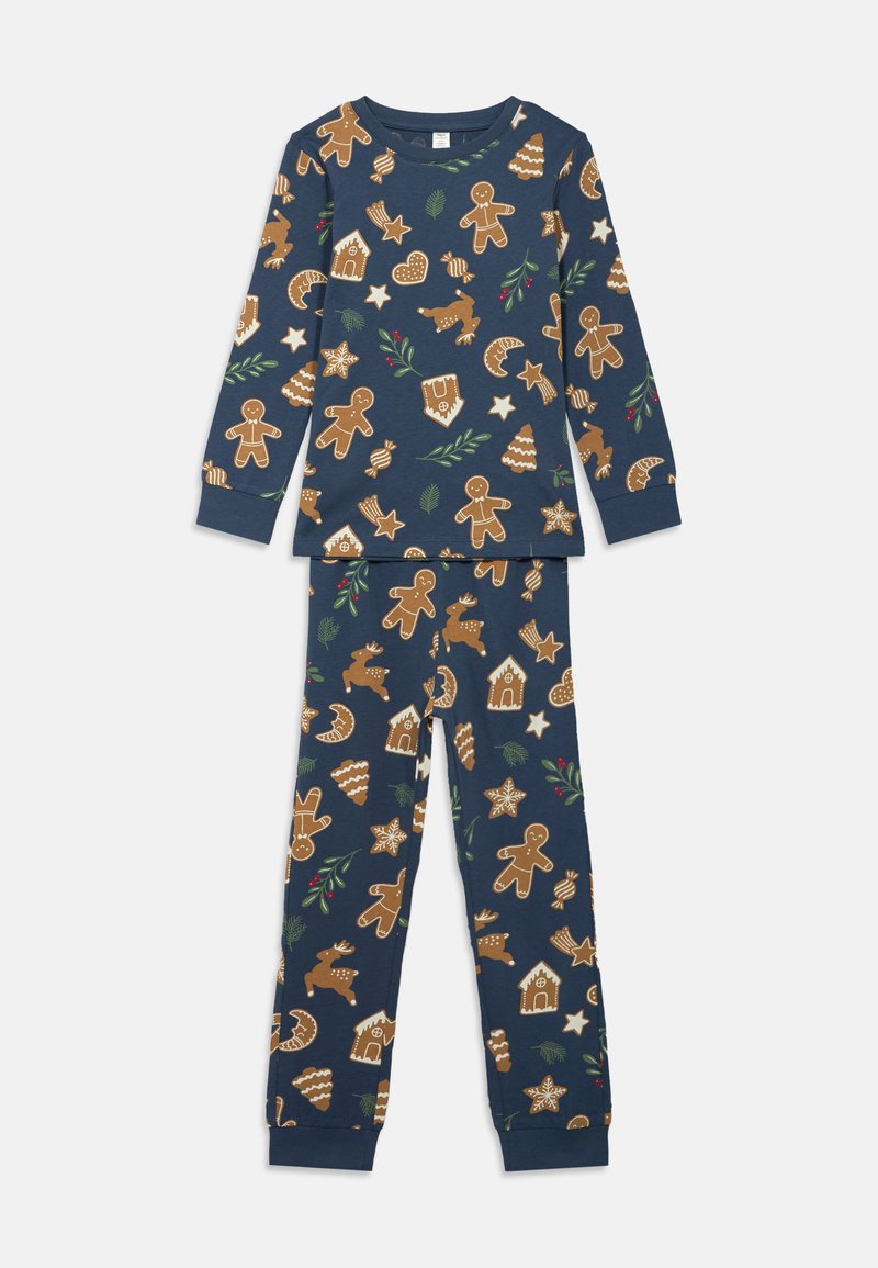 Πιτζάμα με μακρύ μανίκι που διαθέτει μπλε ναυτικό φόντο με ανθρωπάκια από μπισκότο, γιορτινές δέντρα και στολίδια σε καφέ και πράσινα σχέδια.