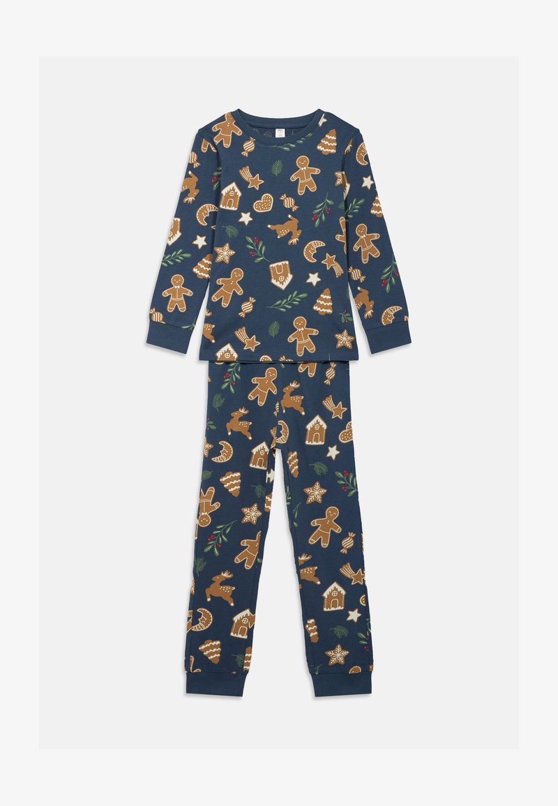 Langärmliges Schlafanzugset mit navyblauem Hintergrund, dekoriert mit Lebkuchenmännern, festlichen Bäumen und Ornamenten in braunen und grünen Mustern.