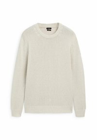 Maglione lavorato a maglia color beige chiaro con scollatura tonda, maniche lunghe e polsini e orlo a coste. Tessuto strutturato con vestibilità ampia.