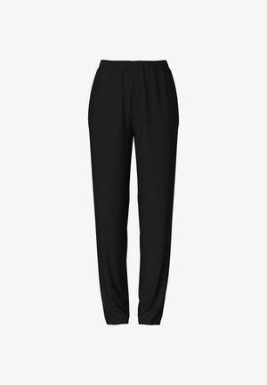 Pantaloni jogger neri con vita elastica, gambe affusolate e una texture liscia e morbida. Design semplice e funzionale senza accenti aggiuntivi.